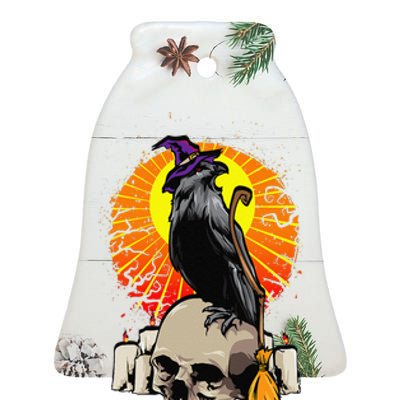 Halloween Crow Stand On Skull Vintage Spooky Witch Retro Ceramic Bell Ornament