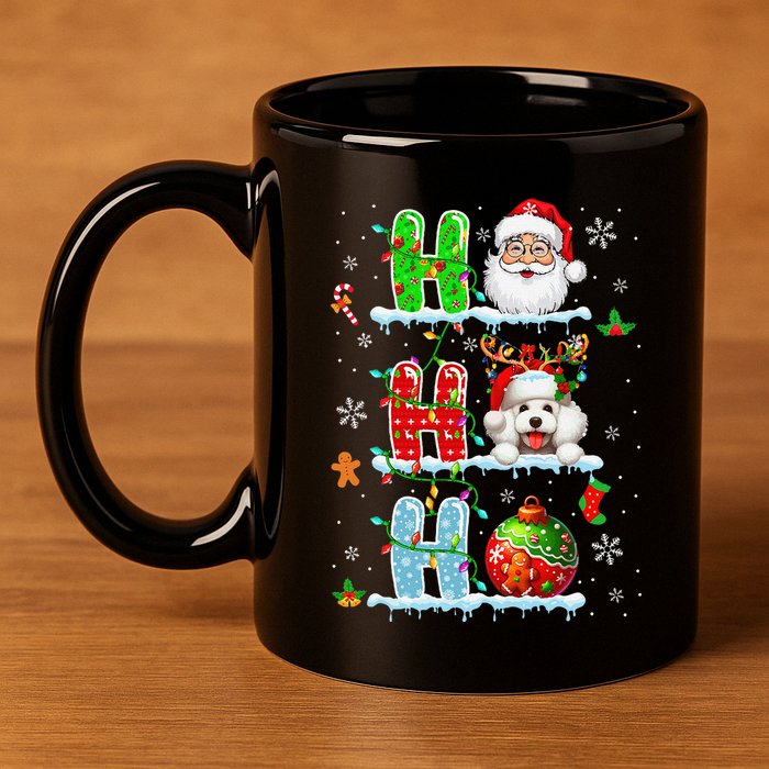 Ho3 Christmas Santa Laughing Reindeer Poodle Owner 11oz C Handle Ceramic Mug