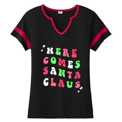 Here Comes Santa Claus Retro Merry Christmas Xmas Gift Ladies Halftime Notch Neck Tee