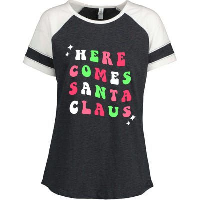 Here Comes Santa Claus Retro Merry Christmas Xmas Gift Enza Ladies Jersey Colorblock Tee