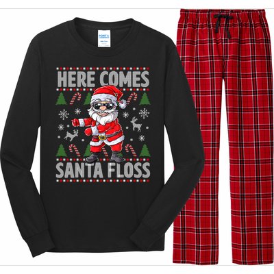 Here Come Santa Floss Christmas Tree Santa Claus Christmas Gift Long Sleeve Pajama Set