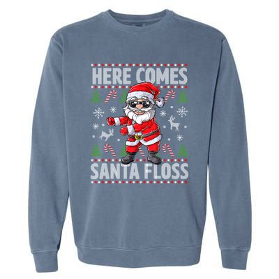 Here Come Santa Floss Christmas Tree Santa Claus Christmas Gift Garment-Dyed Sweatshirt