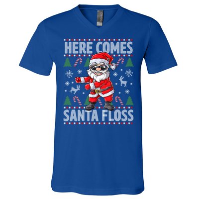 Here Come Santa Floss Christmas Tree Santa Claus Christmas Gift V-Neck T-Shirt