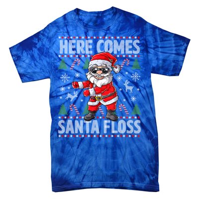 Here Come Santa Floss Christmas Tree Santa Claus Christmas Gift Tie-Dye T-Shirt