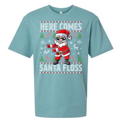 Here Come Santa Floss Christmas Tree Santa Claus Christmas Gift Sueded Cloud Jersey T-Shirt