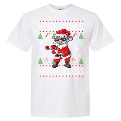 Here Come Santa Floss Christmas Tree Santa Claus Christmas Gift Garment-Dyed Heavyweight T-Shirt