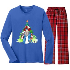 Here Comes Santa Clauspatriotic Kris Kringle Christmas Tree Gift Women's Long Sleeve Flannel Pajama Set 