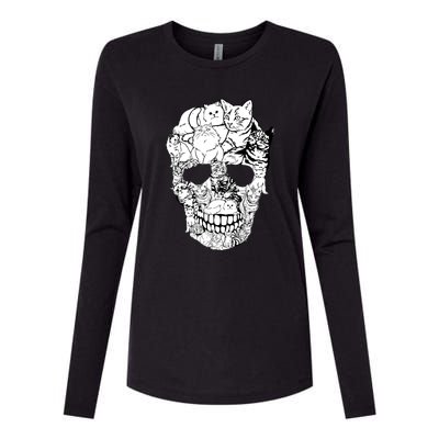 Halloween Cat Skull Kitty Skeleton Costume Skull Cat Womens Cotton Relaxed Long Sleeve T-Shirt