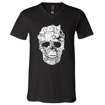 Halloween Cat Skull Kitty Skeleton Costume Skull Cat V-Neck T-Shirt