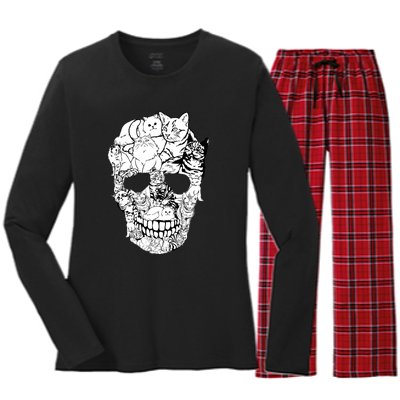 Halloween Cat Skull Kitty Skeleton Costume Skull Cat Women's Long Sleeve Flannel Pajama Set 