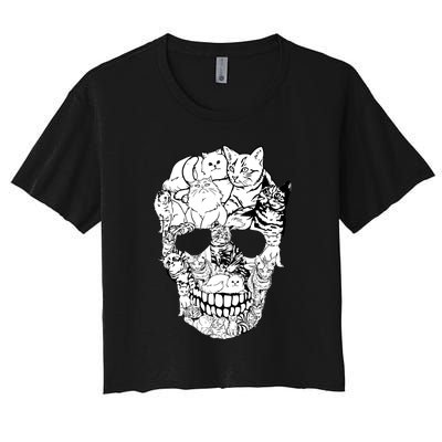 Halloween Cat Skull Kitty Skeleton Costume Skull Cat Women's Crop Top Tee