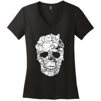 Halloween Cat Skull Kitty Skeleton Costume Skull Cat Women's V-Neck T-Shirt