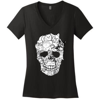 Halloween Cat Skull Kitty Skeleton Costume Skull Cat Women's V-Neck T-Shirt