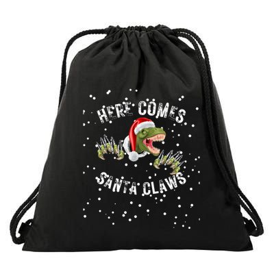 Here Comes Santa Trex Dinosaur Santa Claus Claws Meaningful Gift Drawstring Bag