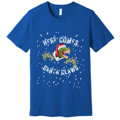 Here Comes Santa Trex Dinosaur Santa Claus Claws Meaningful Gift Premium T-Shirt