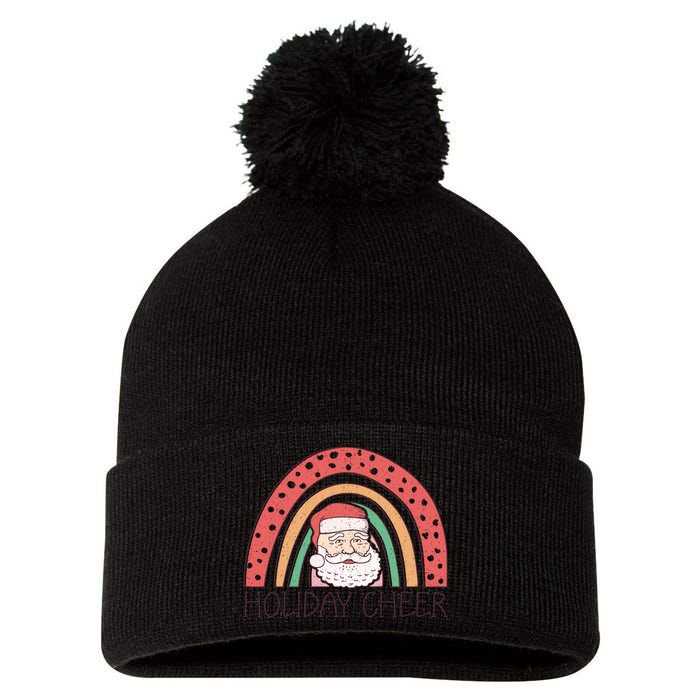 Holiday Cheer Santa Rainbow Graphic Pom Pom 12in Knit Beanie