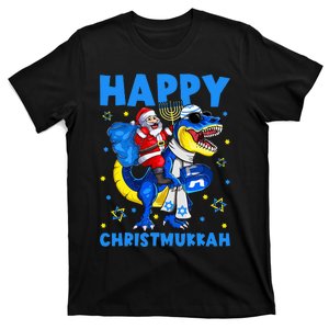 Happy Christmukkah Santa Rides Jewish T Rex Menorah Chanukah  T-Shirt