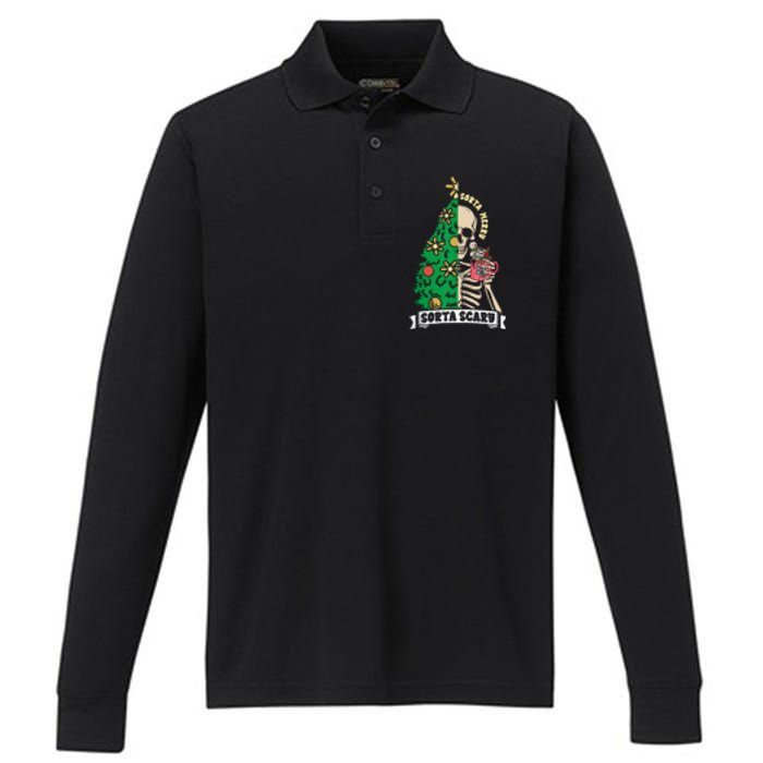 Halloween Christmas Skeleton Sorta Merry Scary Xmas Tree Tank Top Performance Long Sleeve Polo