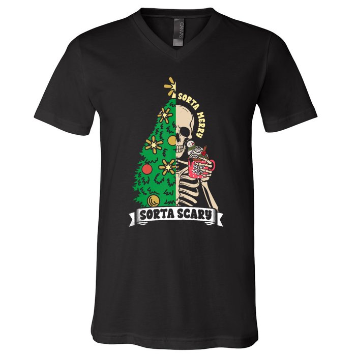 Halloween Christmas Skeleton Sorta Merry Scary Xmas Tree Tank Top V-Neck T-Shirt