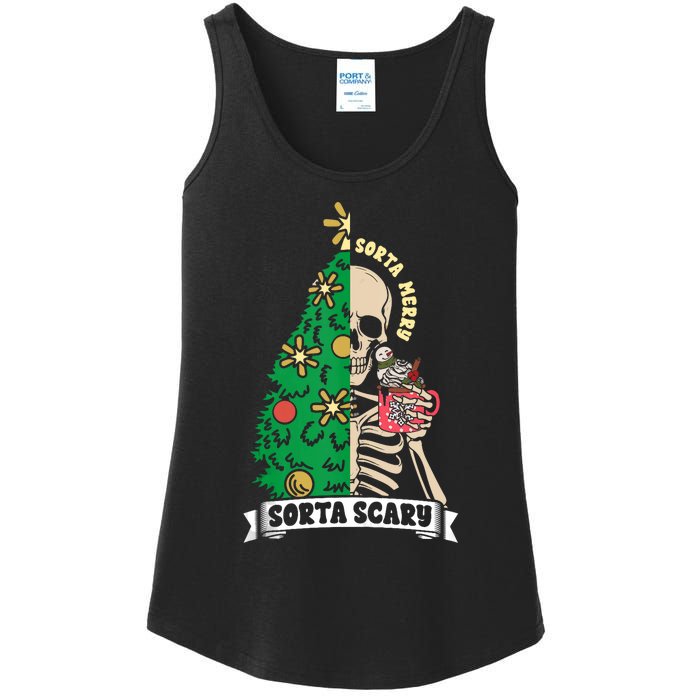 Halloween Christmas Skeleton Sorta Merry Scary Xmas Tree Tank Top Ladies Essential Tank