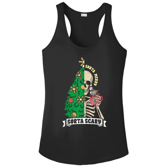 Halloween Christmas Skeleton Sorta Merry Scary Xmas Tree Tank Top Ladies PosiCharge Competitor Racerback Tank