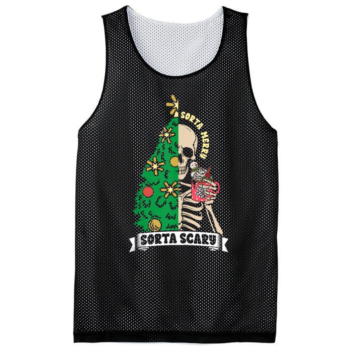 Halloween Christmas Skeleton Sorta Merry Scary Xmas Tree Tank Top Mesh Reversible Basketball Jersey Tank