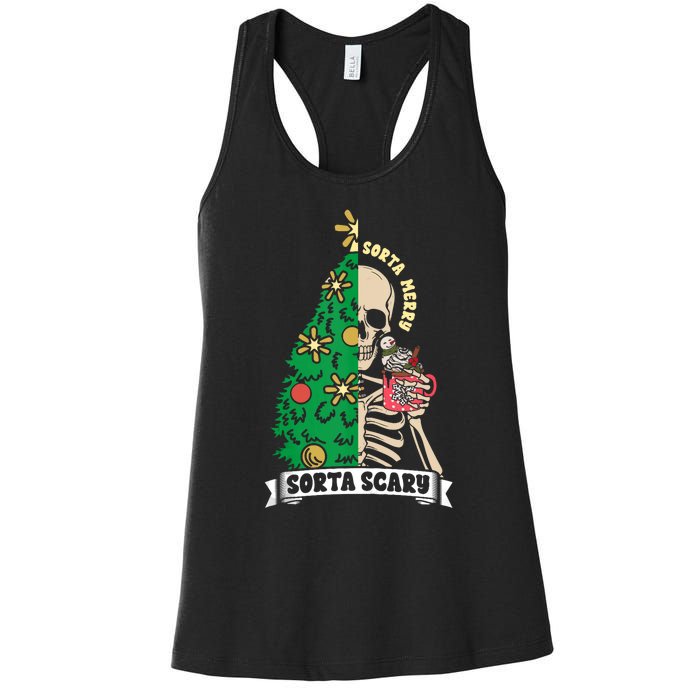 Halloween Christmas Skeleton Sorta Merry Scary Xmas Tree Tank Top Women's Racerback Tank