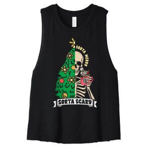 Halloween Christmas Skeleton Sorta Merry Scary Xmas Tree Tank Top Women's Racerback Cropped Tank