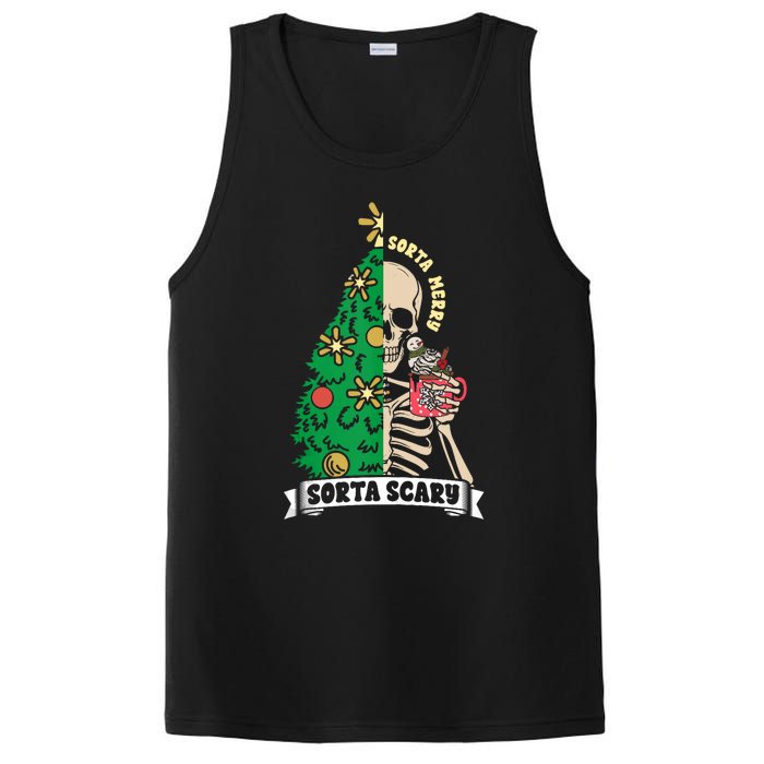 Halloween Christmas Skeleton Sorta Merry Scary Xmas Tree Tank Top PosiCharge Competitor Tank