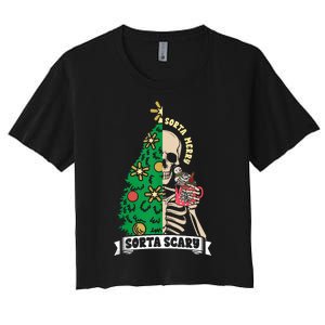 Halloween Christmas Skeleton Sorta Merry Scary Xmas Tree Tank Top Women's Crop Top Tee