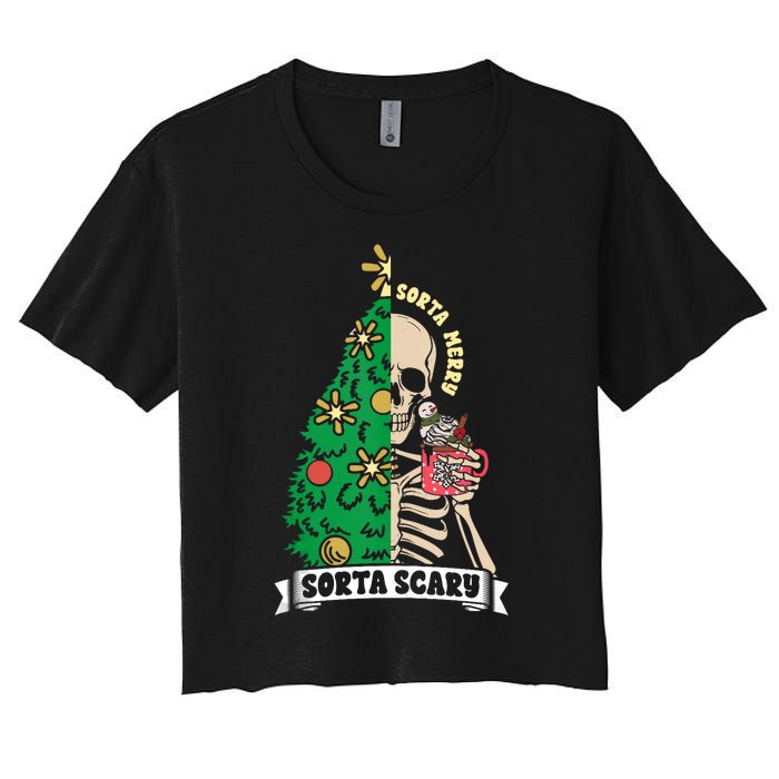 Halloween Christmas Skeleton Sorta Merry Scary Xmas Tree Tank Top Women's Crop Top Tee