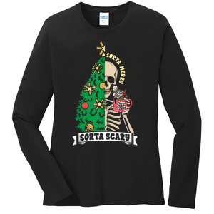 Halloween Christmas Skeleton Sorta Merry Scary Xmas Tree Tank Top Ladies Long Sleeve Shirt