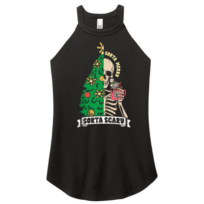 Halloween Christmas Skeleton Sorta Merry Scary Xmas Tree Tank Top Women's Perfect Tri Rocker Tank