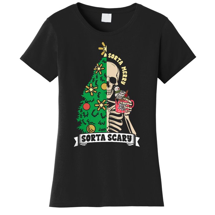 Halloween Christmas Skeleton Sorta Merry Scary Xmas Tree Tank Top Women's T-Shirt