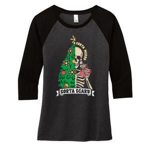 Halloween Christmas Skeleton Sorta Merry Scary Xmas Tree Tank Top Women's Tri-Blend 3/4-Sleeve Raglan Shirt