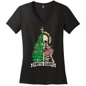 Halloween Christmas Skeleton Sorta Merry Scary Xmas Tree Tank Top Women's V-Neck T-Shirt