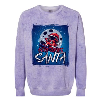 Here Comes Santa Santa Claus On A Skateboard In Moonlight Cool Gift Colorblast Crewneck Sweatshirt