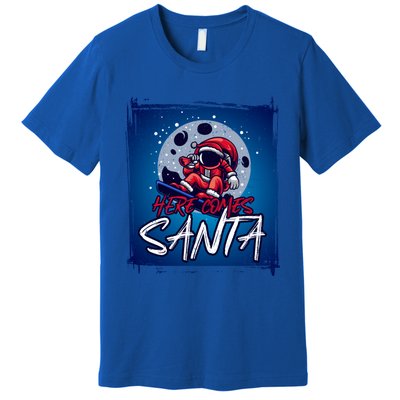 Here Comes Santa Santa Claus On A Skateboard In Moonlight Cool Gift Premium T-Shirt