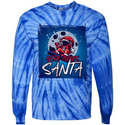 Here Comes Santa Santa Claus On A Skateboard In Moonlight Cool Gift Tie-Dye Long Sleeve Shirt