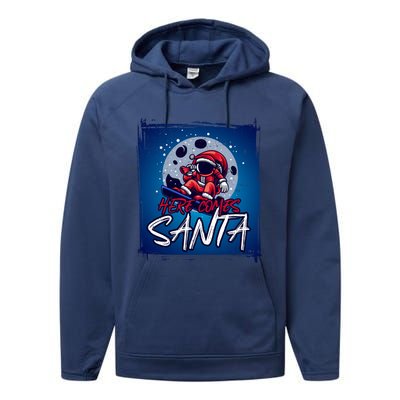 Here Comes Santa Santa Claus On A Skateboard In Moonlight Cool Gift Performance Fleece Hoodie