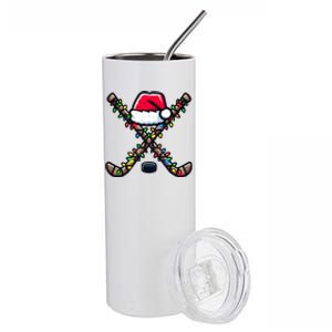 Hockey Christmas Santa Hat Hockey Sticks Matching Family Gift Stainless Steel Tumbler