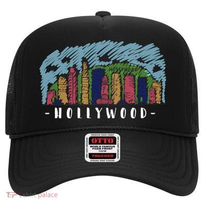 Hollywood Cartoon Style Illustration High Crown Mesh Back Trucker Hat