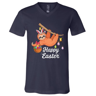 Happy Cute Sloth With Bunny Ears Egg Hunting Easter Sloth V-Neck T-Shirt