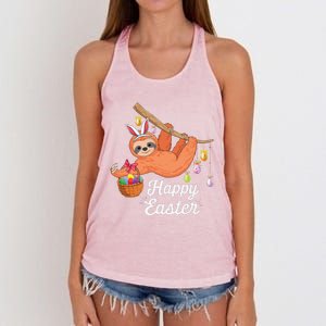 Happy Cute Sloth With Bunny Ears Egg Hunting Easter Sloth Women's Knotted Racerback Tank