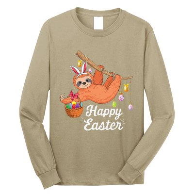 Happy Cute Sloth With Bunny Ears Egg Hunting Easter Sloth Long Sleeve Shirt