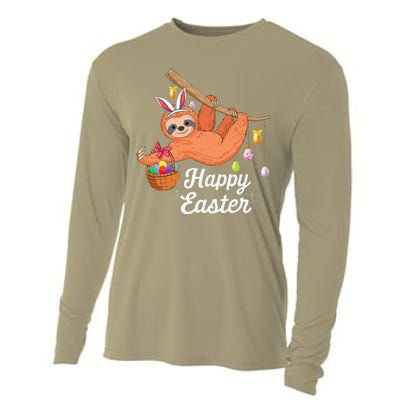 Happy Cute Sloth With Bunny Ears Egg Hunting Easter Sloth Cooling Performance Long Sleeve Crew