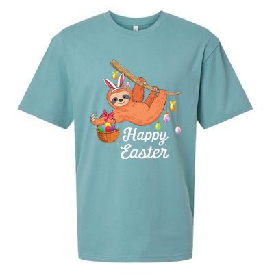 Happy Cute Sloth With Bunny Ears Egg Hunting Easter Sloth Sueded Cloud Jersey T-Shirt