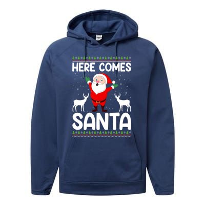 Here Comes Santa Funny Christmas Santa Hat Holiday Season Great Gift Performance Fleece Hoodie