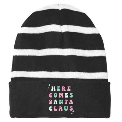 Here Comes Santa Claus Retro Merry Christmas XMAS Striped Beanie with Solid Band