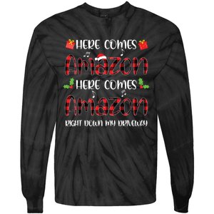 Here Comes Sleigh Right Down My Driveway Red Plaid Christmas Tie-Dye Long Sleeve Shirt